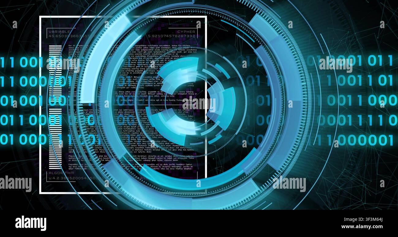 Cyan concentric HUD activating on signal, rings spinning inward, binary scrolling, visualizing data Stock Photo