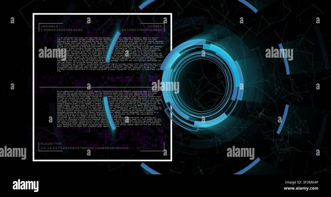 Cyan concentric HUD activating on signal, rings spinning inward, binary scrolling, visualizing data Stock Photo