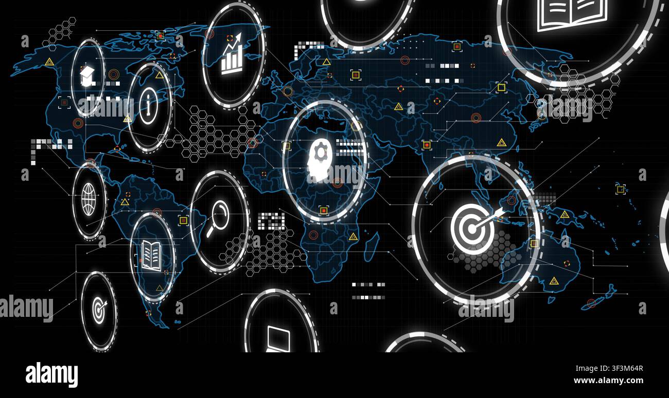 Red lightning sparking glowing data icons emerging over world map, pulsing, forming analytics hub Stock Photo