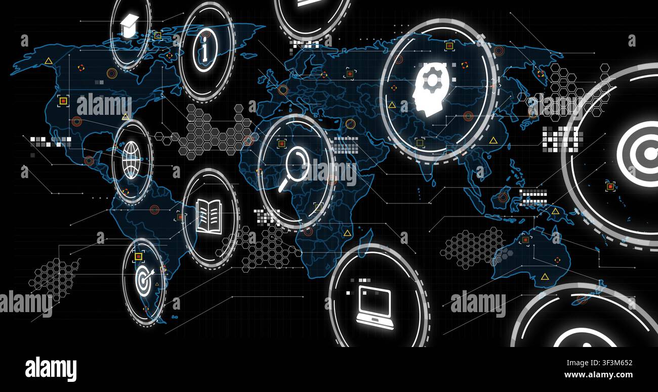 Red lightning sparking glowing data icons emerging over world map, pulsing, forming analytics hub Stock Photo