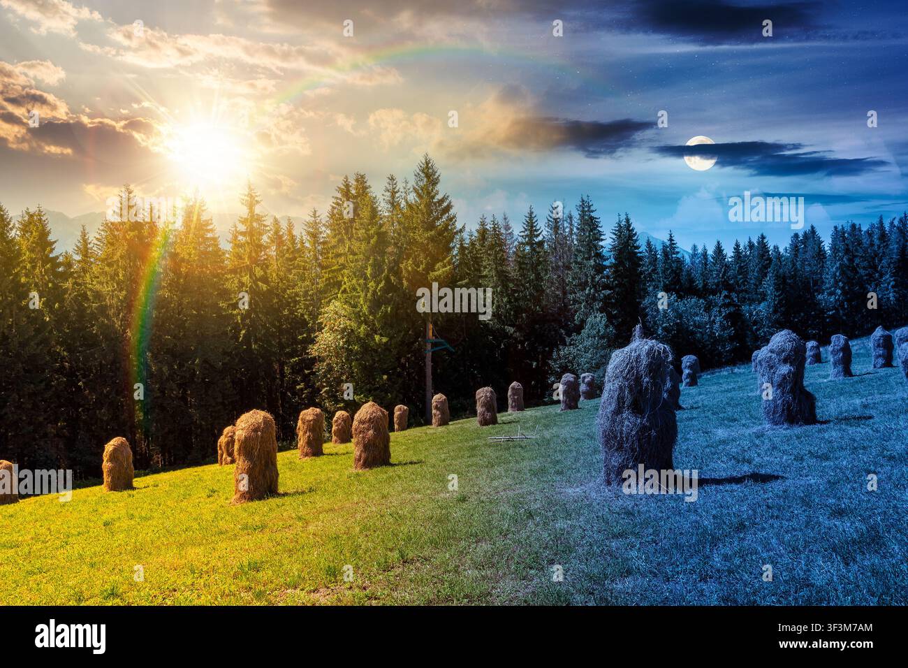 rural landscape with coniferous forest on a green hill. day meet night. sun and moon over spruce trees on grassy meadow in tatra mountains at twilight Stock Photo