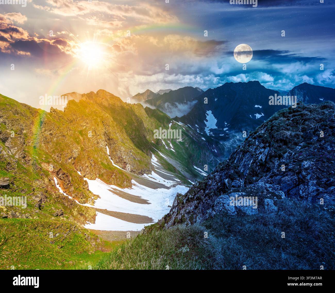 romania mountain landscape on summer solstice. day meet night. travel background of alpine scenery. sun and moon over fagaras mountain ridge. european Stock Photo