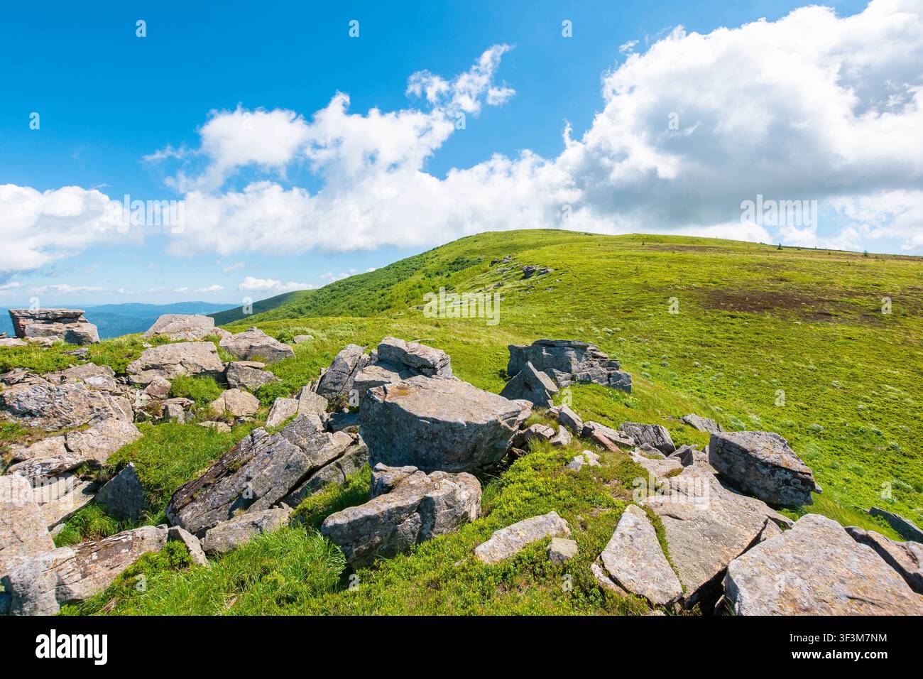 carpathian mountain landscape in summer. amazing background for outdoor adventure. transcarpathia green hill with rocks. sunny day with blue sky Stock Photo