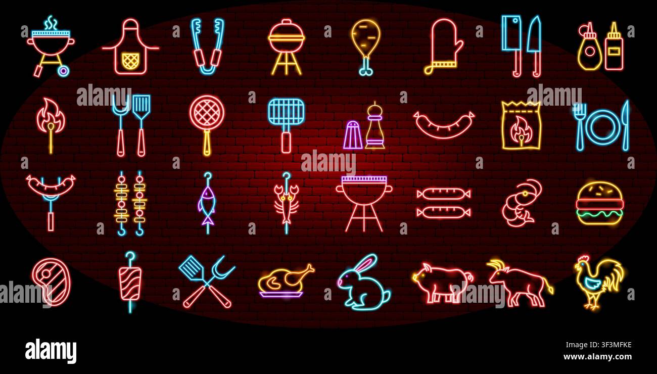 BBQ Barbecue Neon Objects Stock Vector