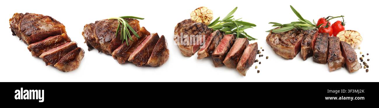 Delicious meat steaks isolated on white, set Stock Photo