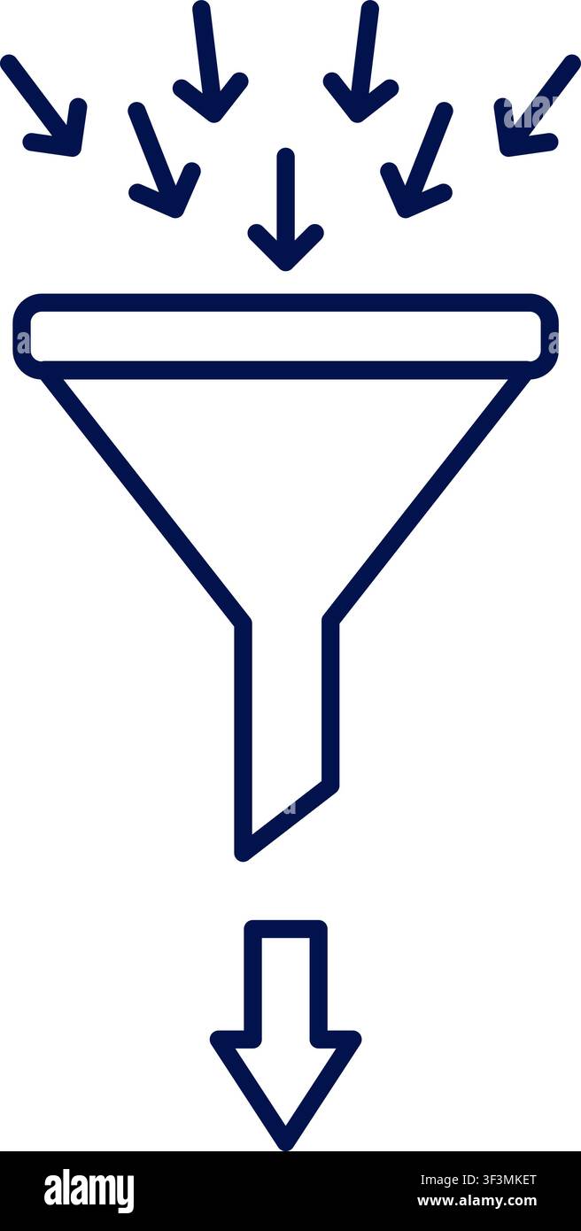 Data flow. Data filter funnel icon with input and output arrows. Vector illustration, flat design Stock Vector