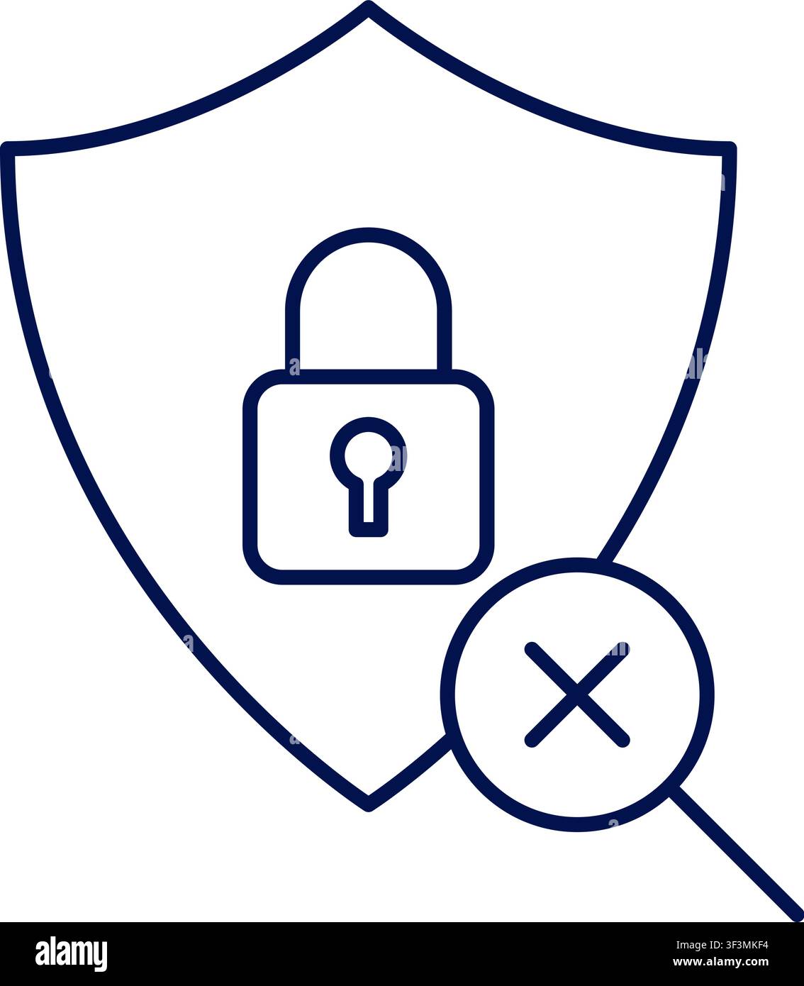 Denied cybersecurity shield icon with padlock and magnifier. Vector illustration, flat design Stock Vector
