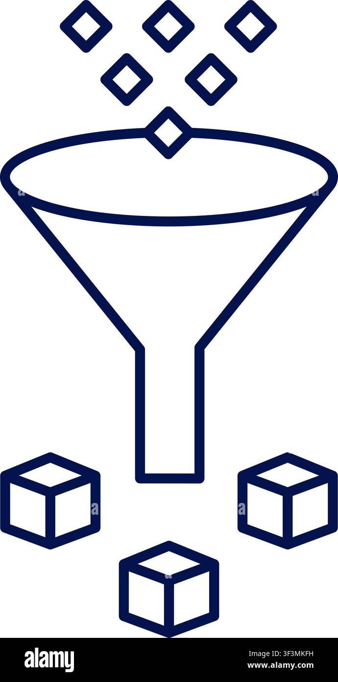 Data sorting. Data filter funnel icon with cubes and diamonds. Vector illustration, flat design Stock Vector