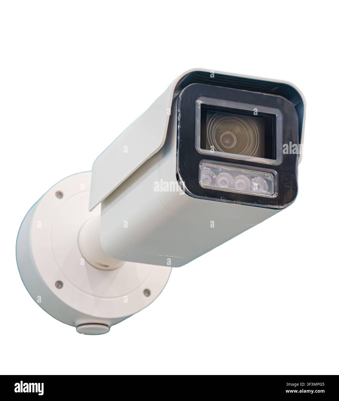 Security camera on white background, sleek rectangular design, prominent lens, LED lights, professional appearance, dynamic composition, clear protect Stock Photo