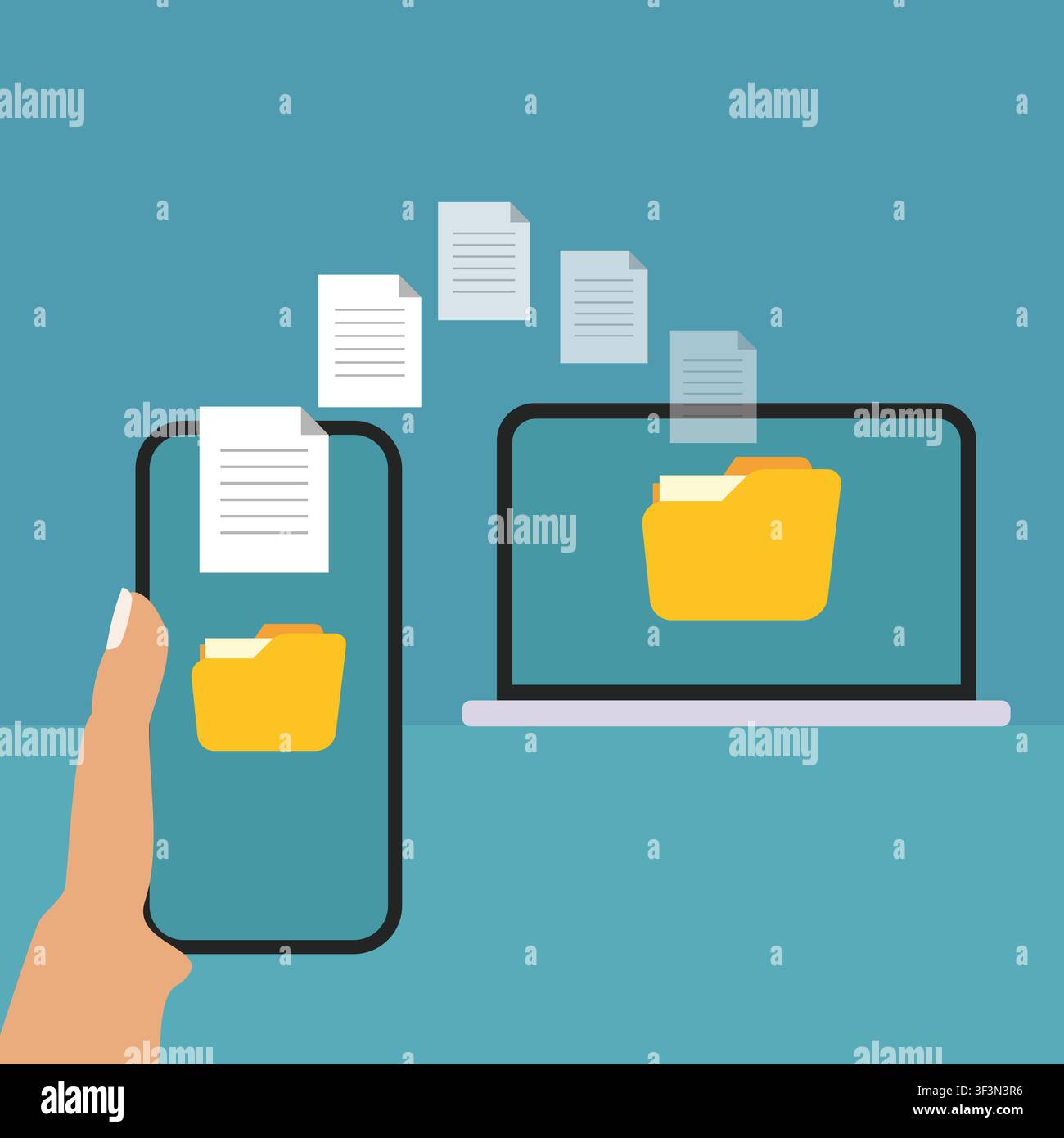 Vector illustration of digital file transfer between a smartphone and computer, featuring documents and folders for cloud storage, synchronization, an Stock Vector