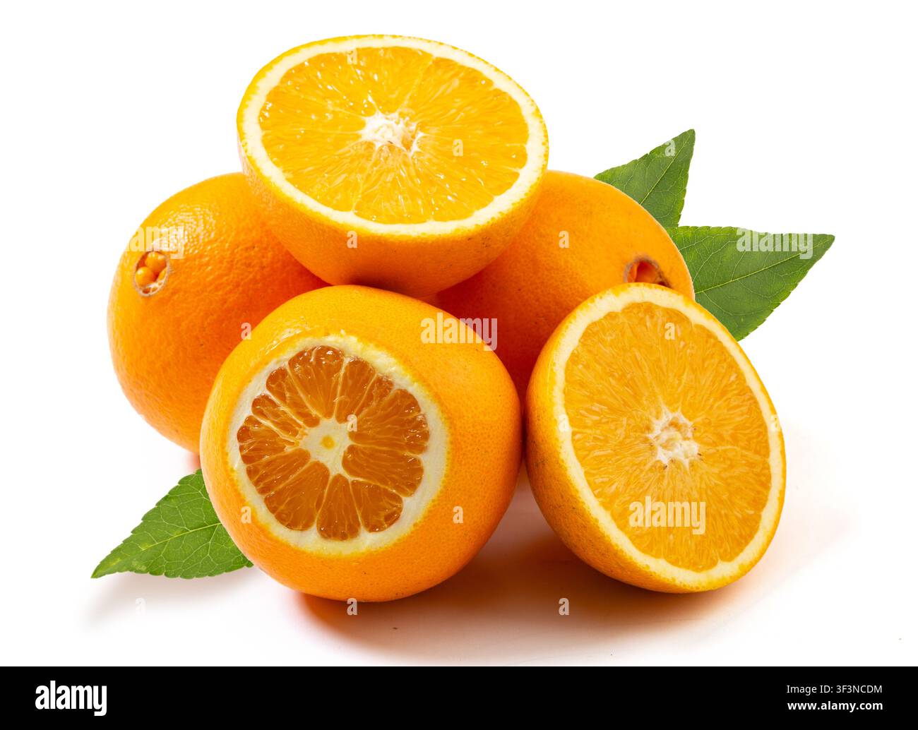 Fresh Navel Oranges Whole and Halved Showing Pulp Stock Photo