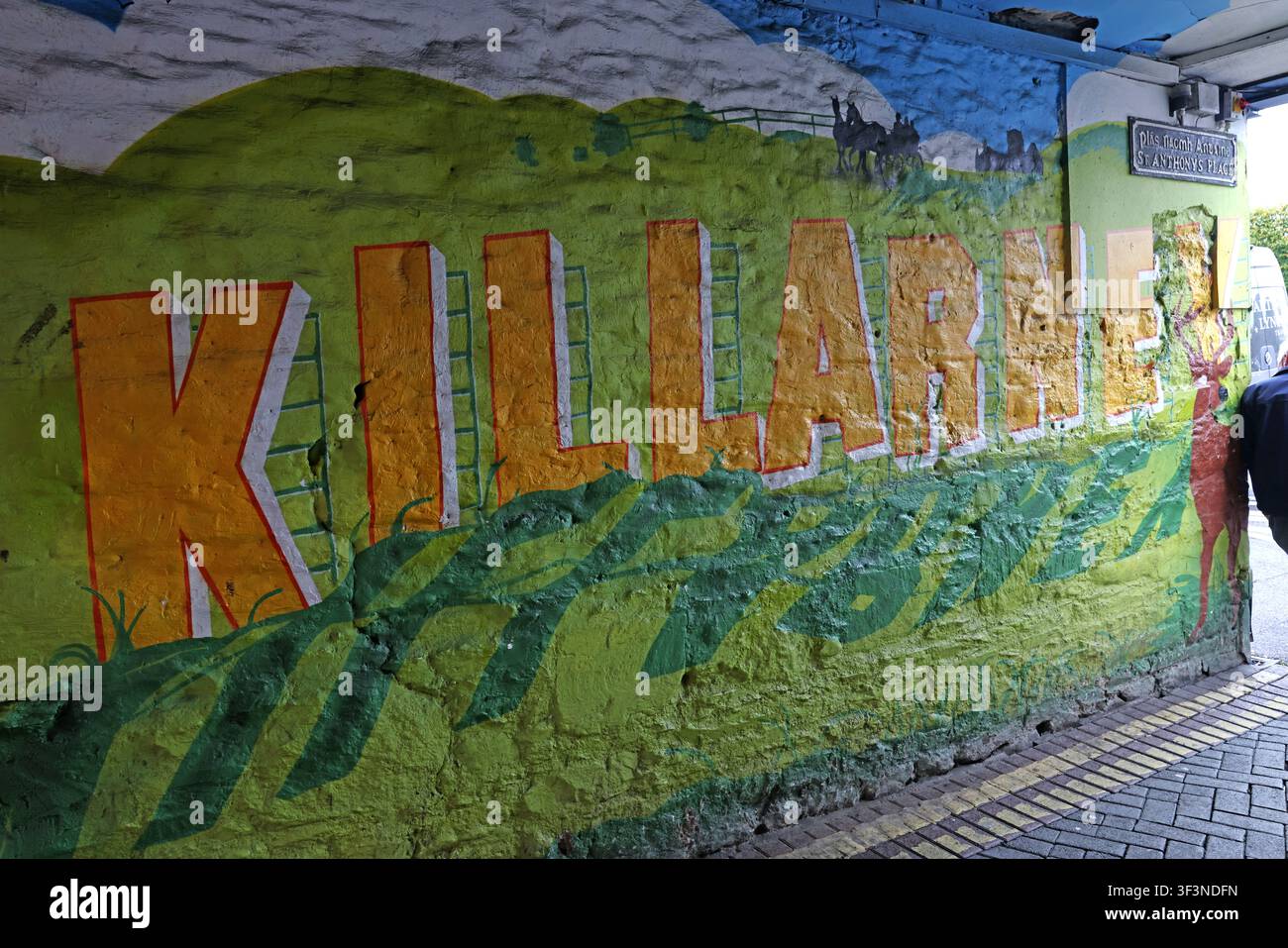 Killarney mural with large town name painted across a green landscape, County Kerry, Ireland. Stock Photo