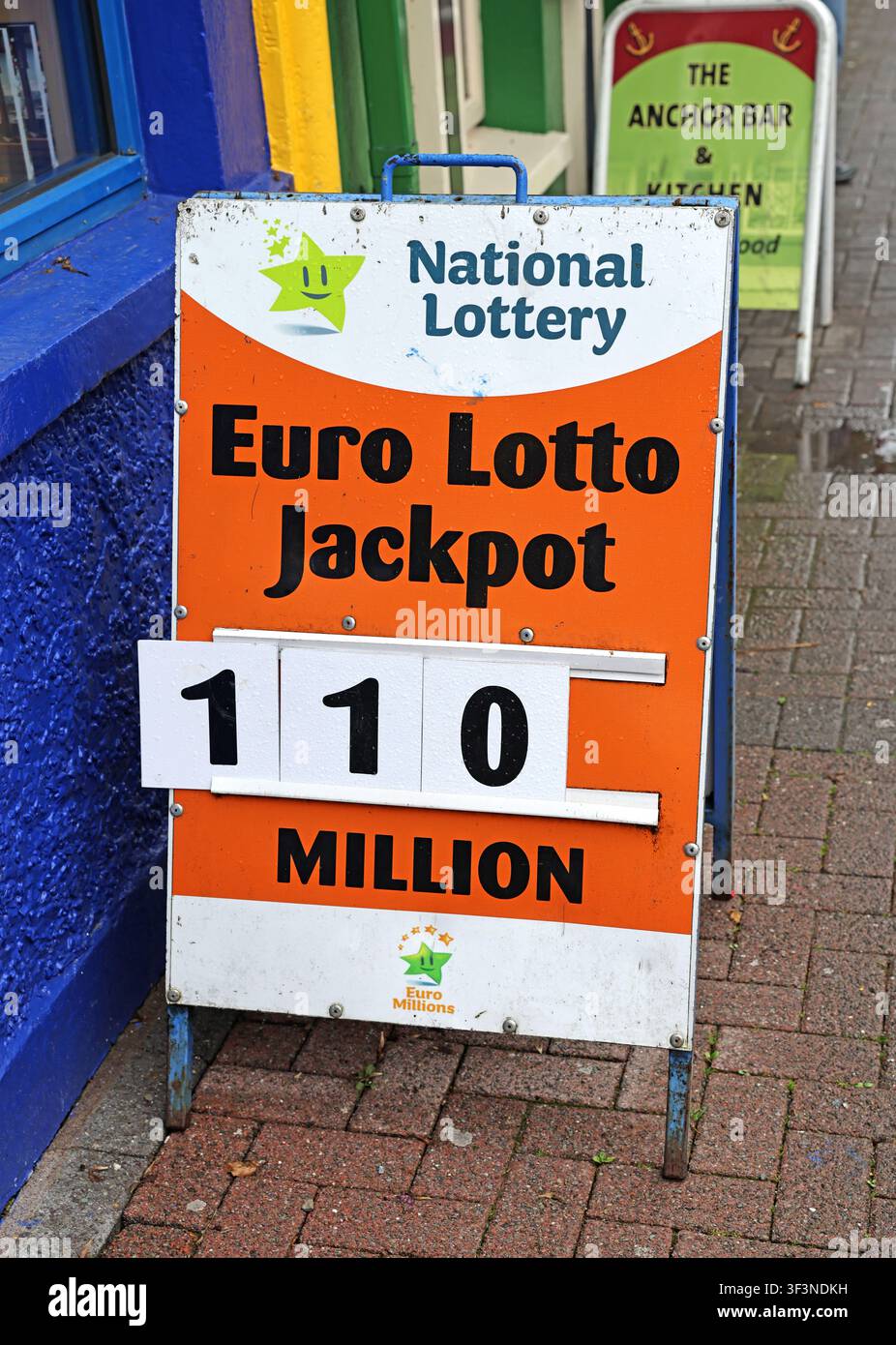 High street lottery promotion offering a €110m jackpot, illustrating everyday gambling exposure and potential harms in Ireland Stock Photo