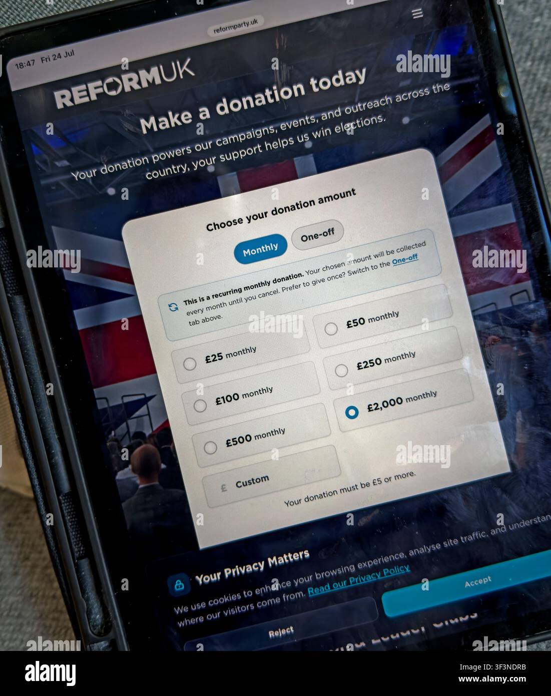 Online Reform UK fundraising page viewed during summer 2026 as controversy continued over large donors, cryptocurrency and transparency Stock Photo