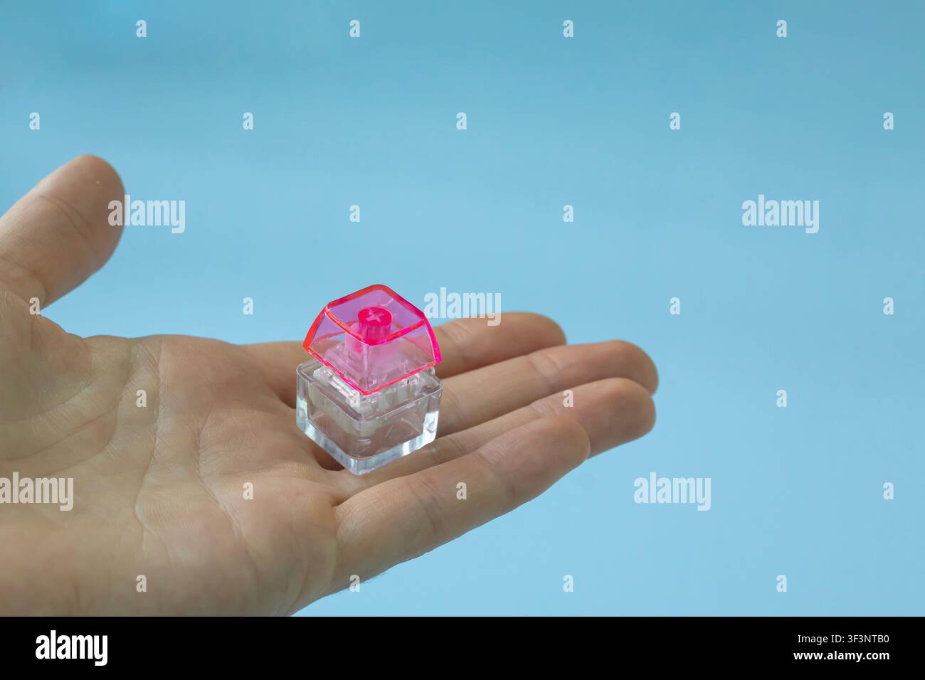 Transparent Mechanical Keyboard Switch with Pink Keycap Resting on Open Hand Stock Photo