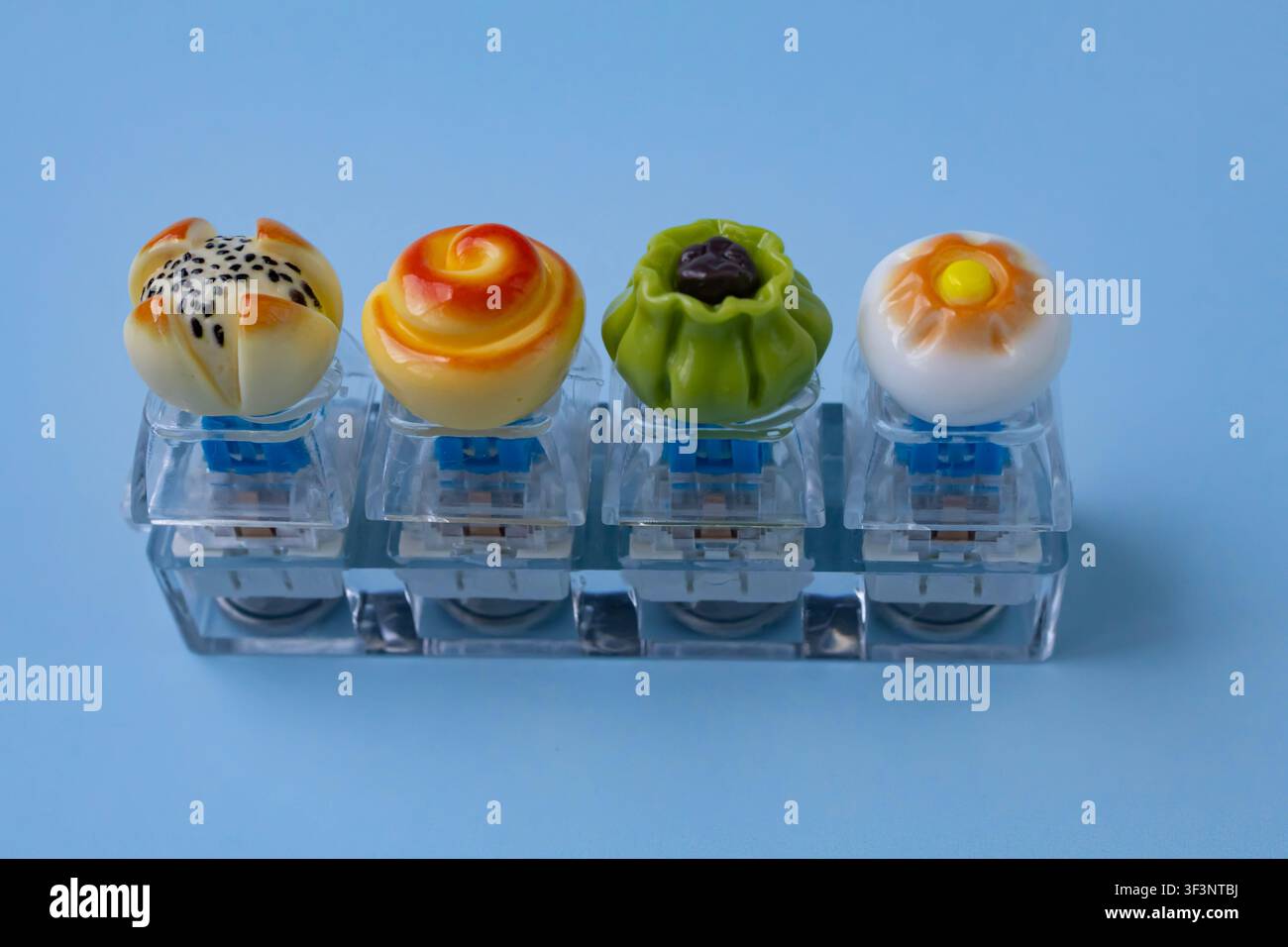 Artisan Food Keycaps Installed on Mechanical Keyboard Switch Tester Stock Photo