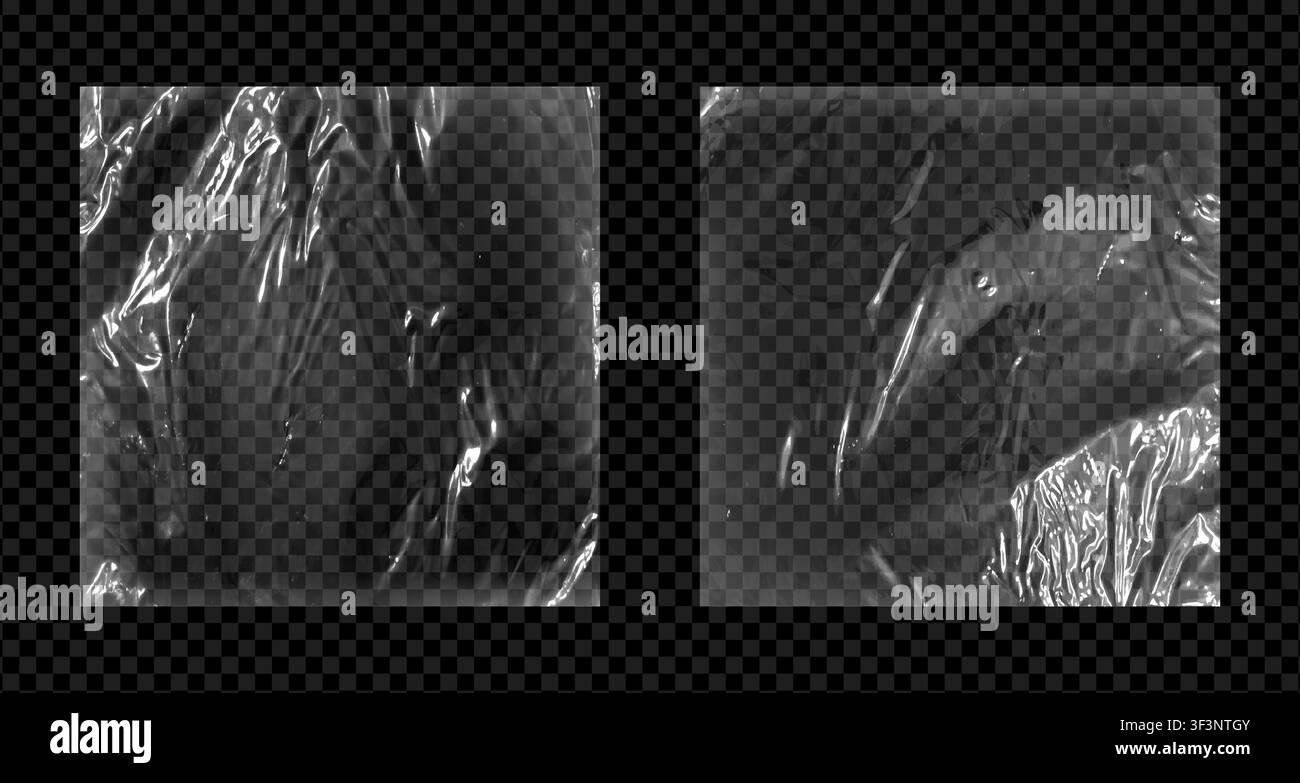 Realistic square plastic wrap overlay pack isolated on transparent background. Wrapping polyethylene texture. Vector illustration Stock Vector
