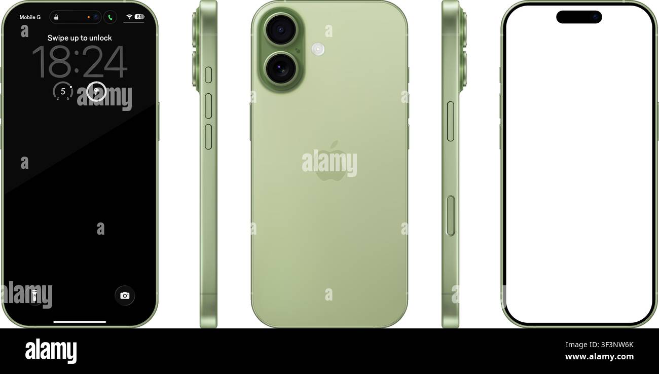 Photorealistic detailed Apple Iphone 17 Sage mockup. Front, rear and side views isolated on transparent background. Vector editorial PNG Stock Vector