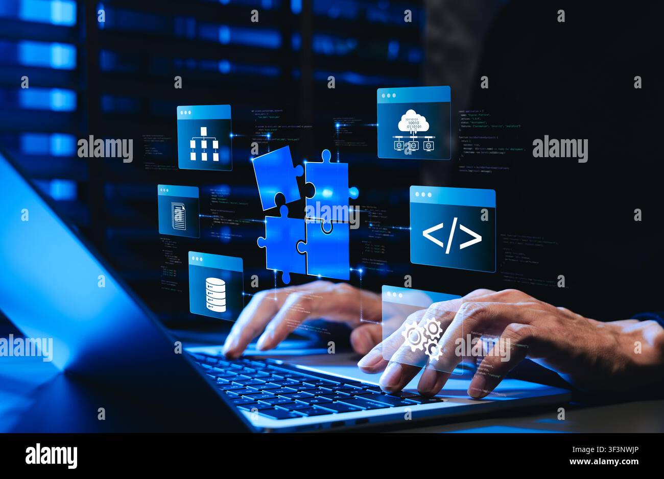 Low code no code development platform concept. Programmer using laptop, showing digital puzzle pieces connecting software modules, drag and drop app Stock Photo