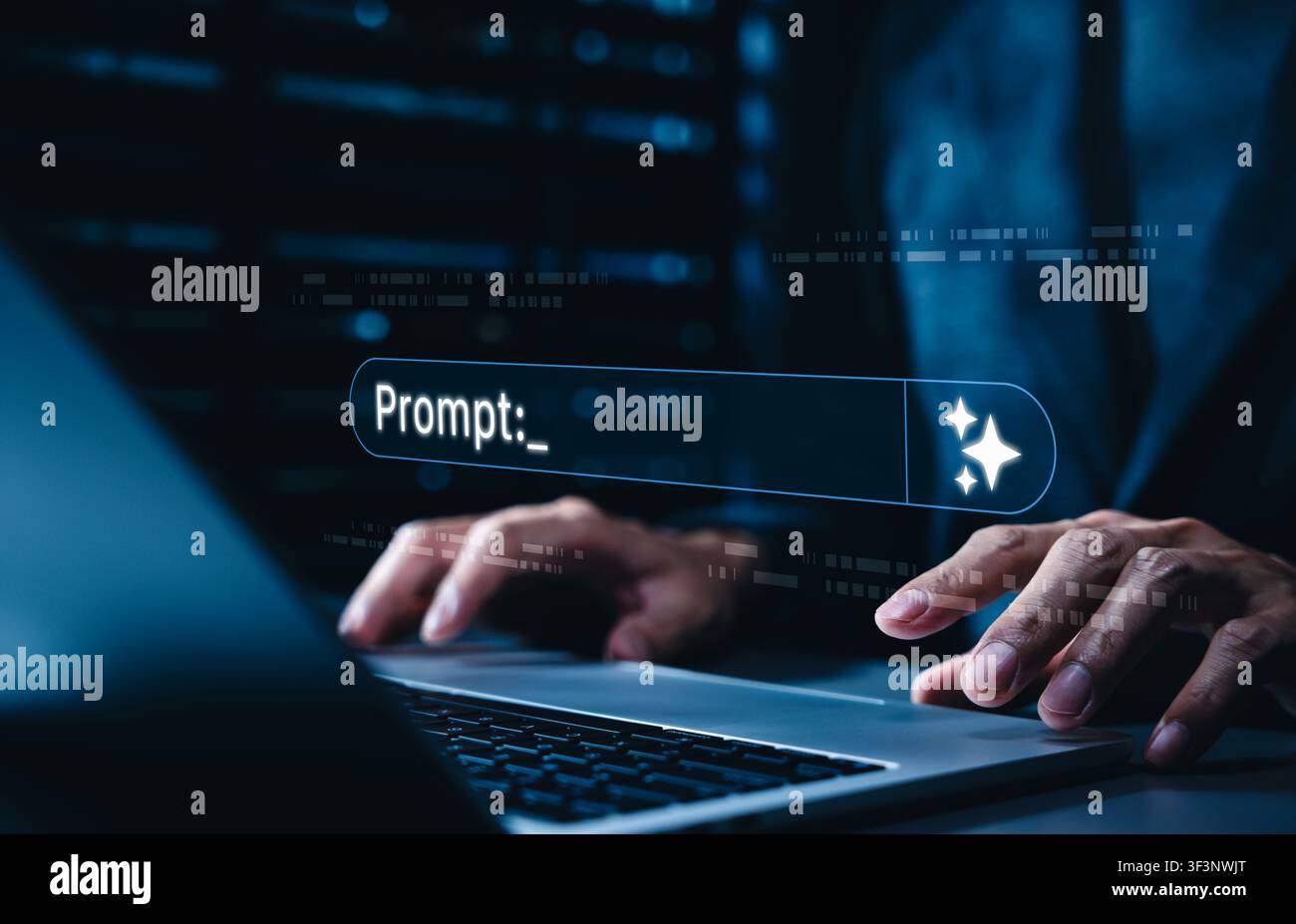 AI prompt engineering concept. Businessman using generative artificial intelligence interface to create digital content, automate workflows, improve Stock Photo