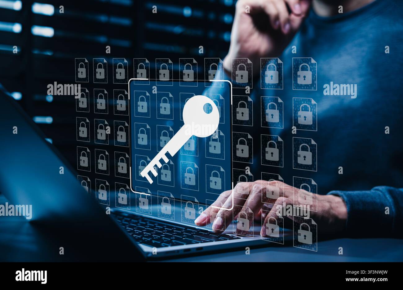 Encryption key security concept. Person using laptop and locked database. secure access control, password protection, data privacy, cybersecurity, Stock Photo