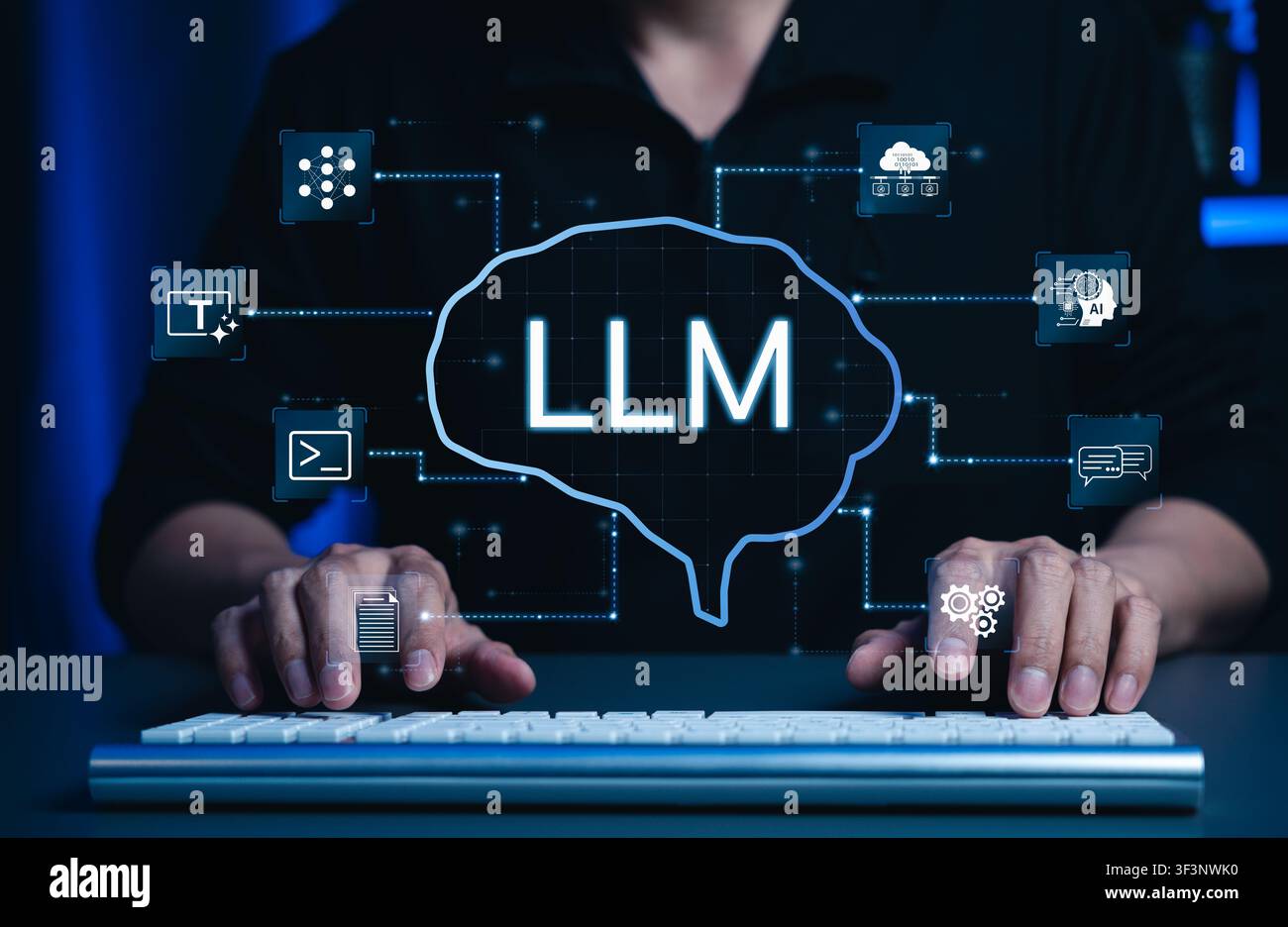 LLM large language model. generative AI technology. chatbot artificial intelligence. developer using prompt engineering, NLP natural language process Stock Photo