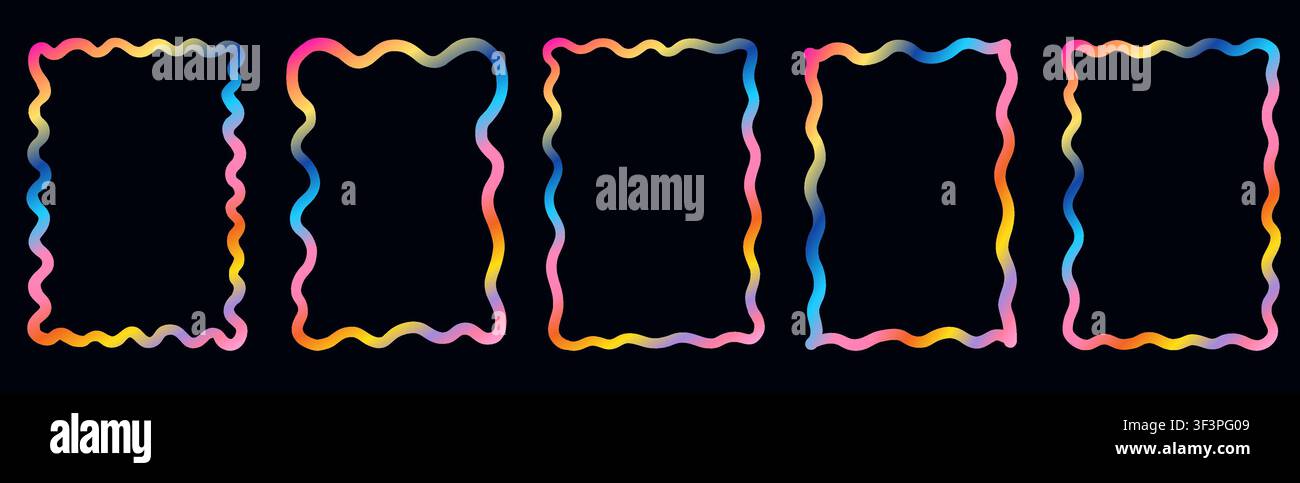 Colorful wavy summer vector frames, Curvy rectangular gradient doodle borders for invitations, menu and flyers Stock Vector