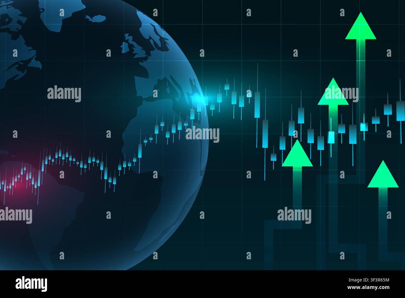 Business and finance background showing a world map globe, bullish candlestick chart, technical trading data, and green upward arrows symbolizing mark Stock Vector