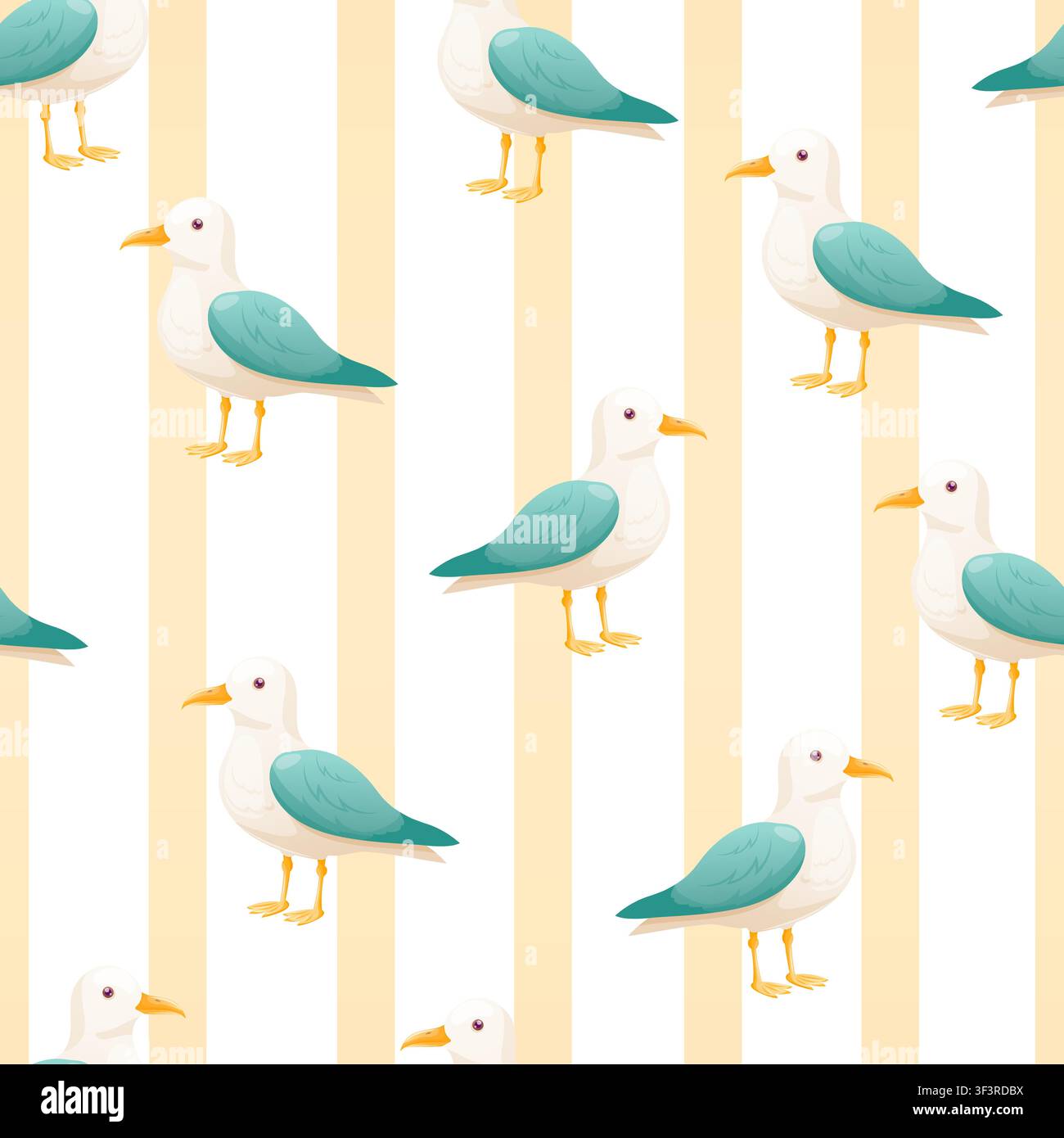 A seamless pattern featuring seagulls on a striped background Stock Vector