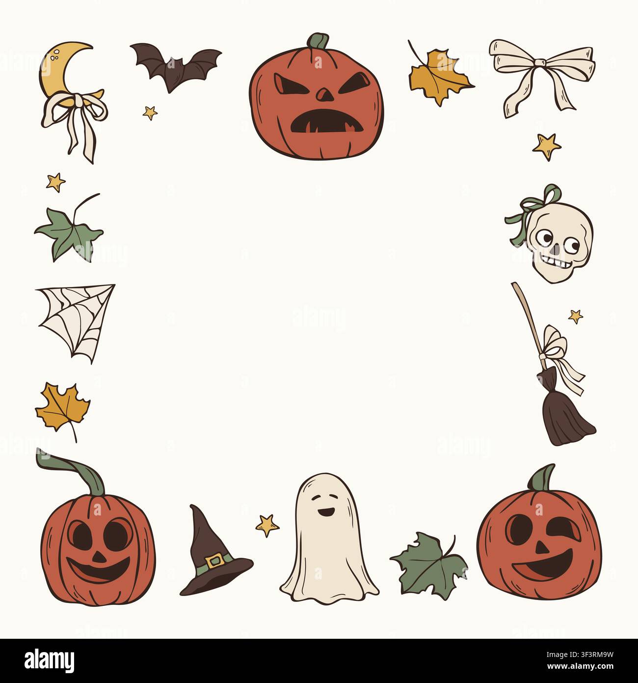 Hand drawn Halloween square frame template with pumpkins and ghost vector illustration Stock Vector