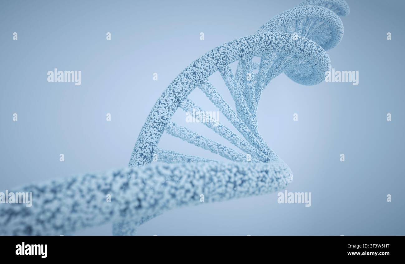 3D abstract illustration of a DNA double helix formed from tiny particles, twisting in soft focus on a clean blue background, evoking genetics, biotec Stock Photo