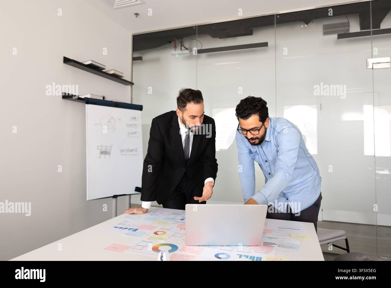 Two male professionals discussing business documents, working on laptop Stock Photo