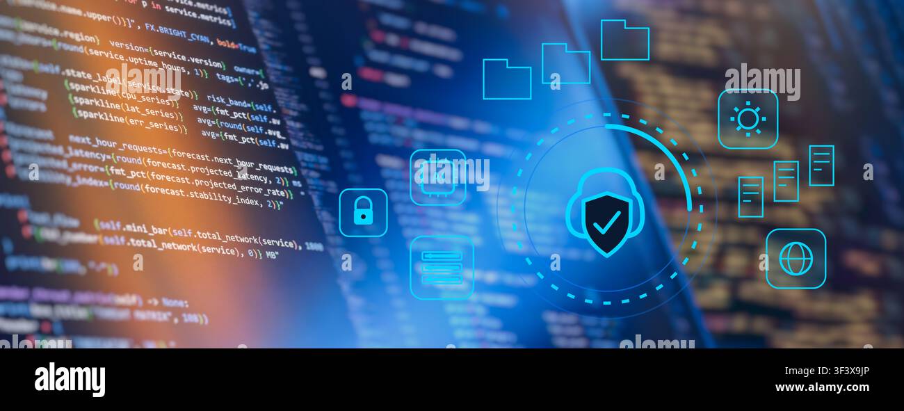 Cloud security, AI and data protection concept interface over programming code. Stock Photo