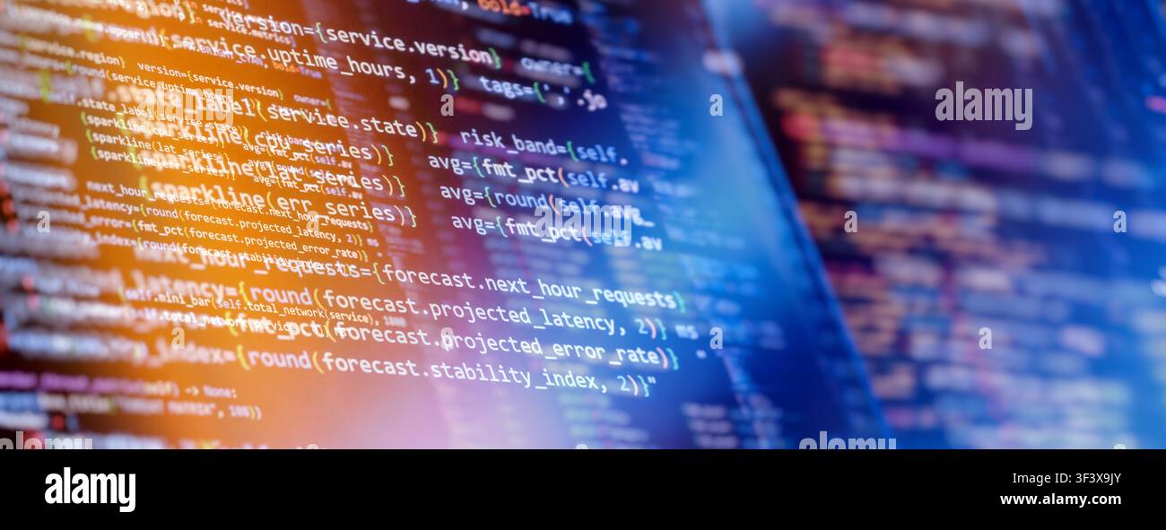 DevOps server monitoring and predictive performance analytics concept. Python code on dark screen with orange and blue light leaks. Panoramic backgrou Stock Photo