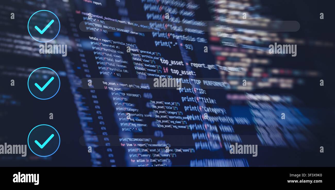 Automated software testing and successful execution concept. Glowing checkmarks overlaying dynamic high-speed FinTech programming code on a panoramic Stock Photo