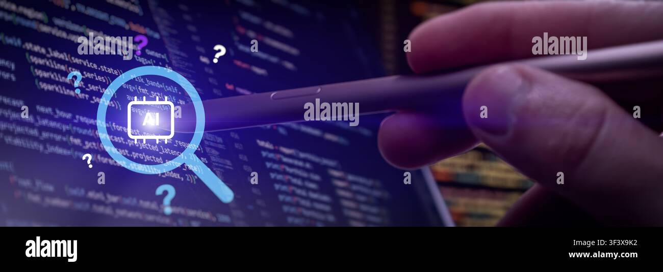 Artificial intelligence code review and debugging concept with a hand using a digital magnifying glass to inspect programming code. Stock Photo
