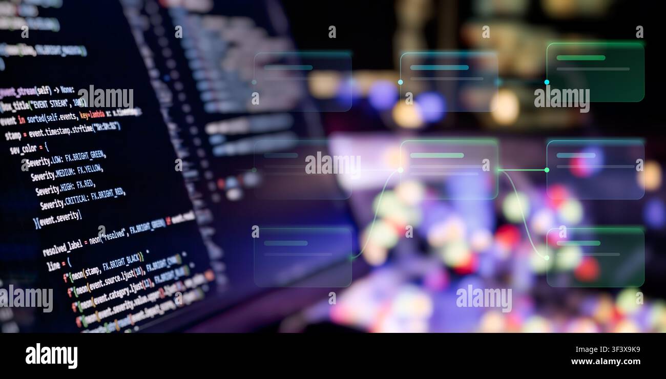 Data pipeline and algorithm mapping concept. Abstract process automation blocks over complex developer script background. Stock Photo