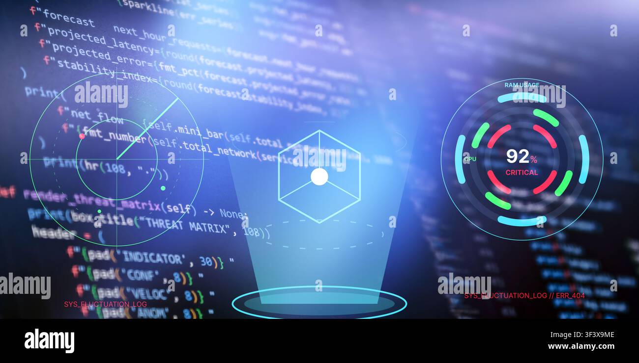 Hacker attack and server overload concept. Glowing digital interface with error 404, high RAM usage warning, and predictive analytics software code. Stock Photo