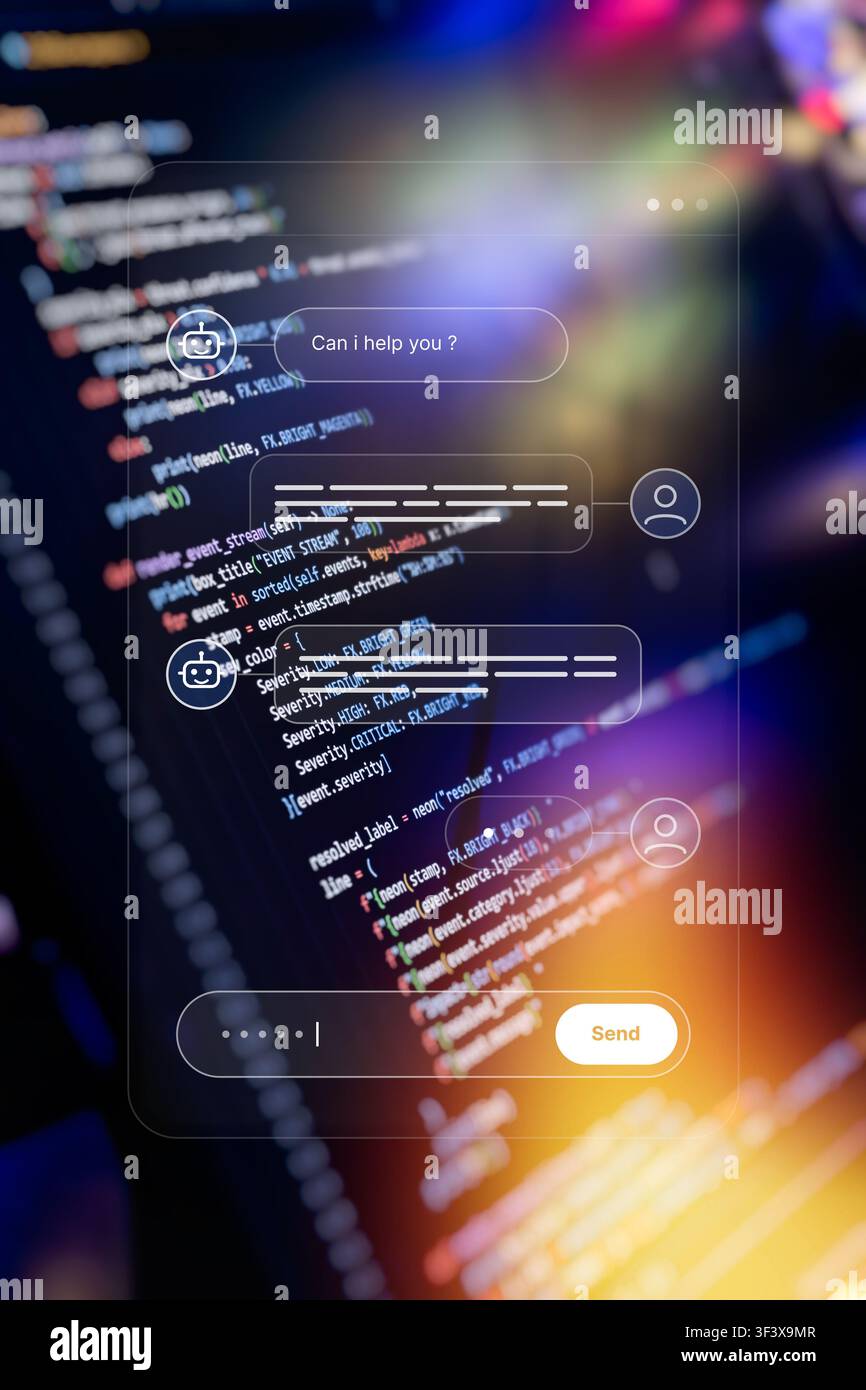 AI chatbot and automated customer support concept. Futuristic mobile app UI with chat bubbles over blurred programming code background. Stock Photo