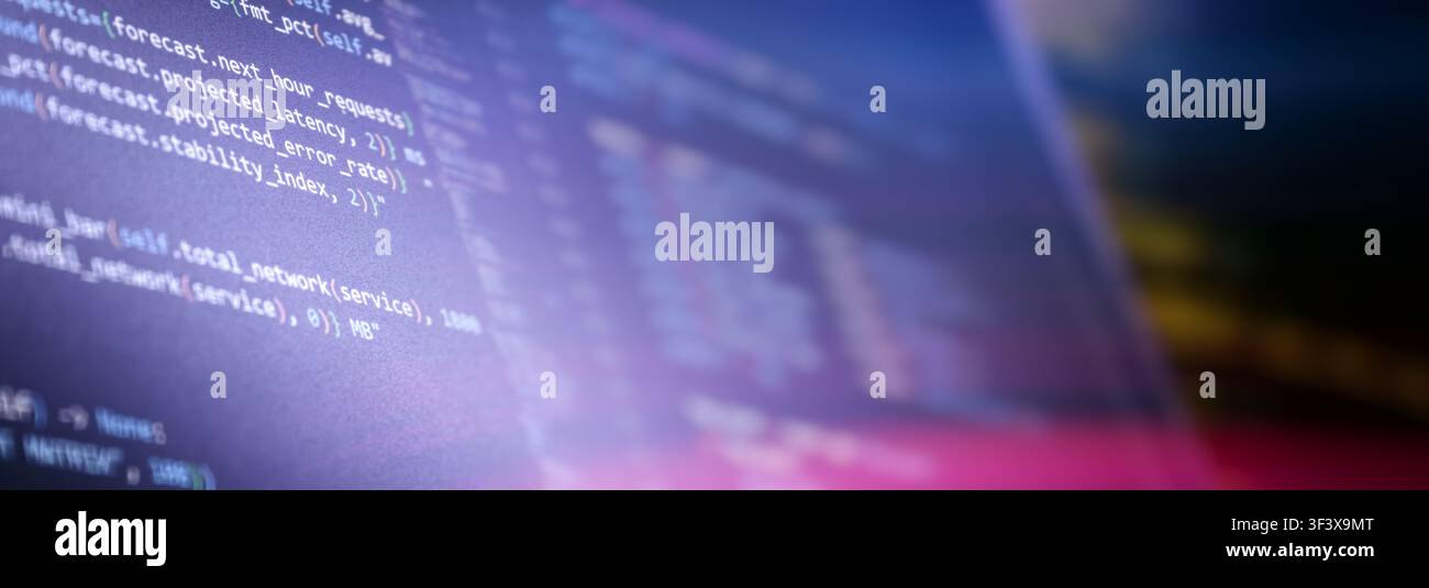 Software development and cloud computing concept. Macro close-up of forecasting algorithm on blurred computer screen. Stock Photo