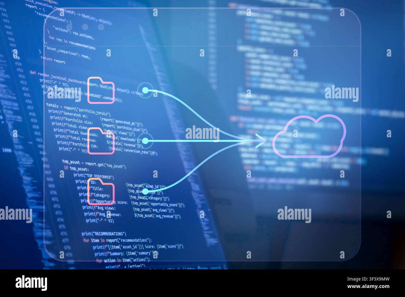 Futuristic cloud data migration concept featuring digital folders, connected data flow arrows, cloud storage icon and programming code screens, repres Stock Photo