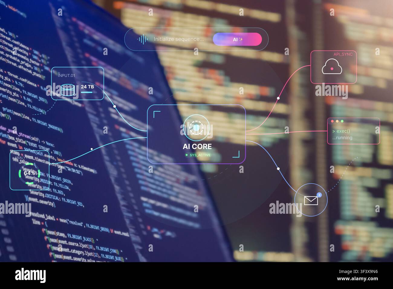 Futuristic artificial intelligence software development concept featuring programming code, AI core dashboard, API integration, cloud synchronization, Stock Photo