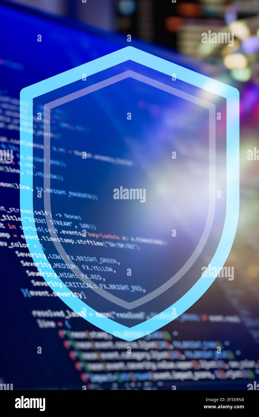 A high-tech digital concept image representing cybersecurity, data protection, and safe coding. Stock Photo