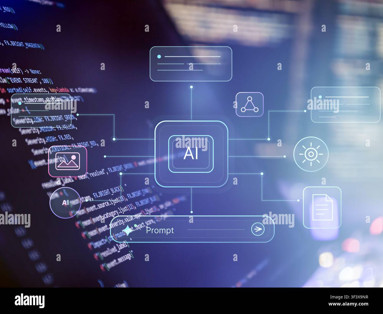 Set against a blurred background of software programming code, this image is perfect for illustrating generative AI technology Stock Photo