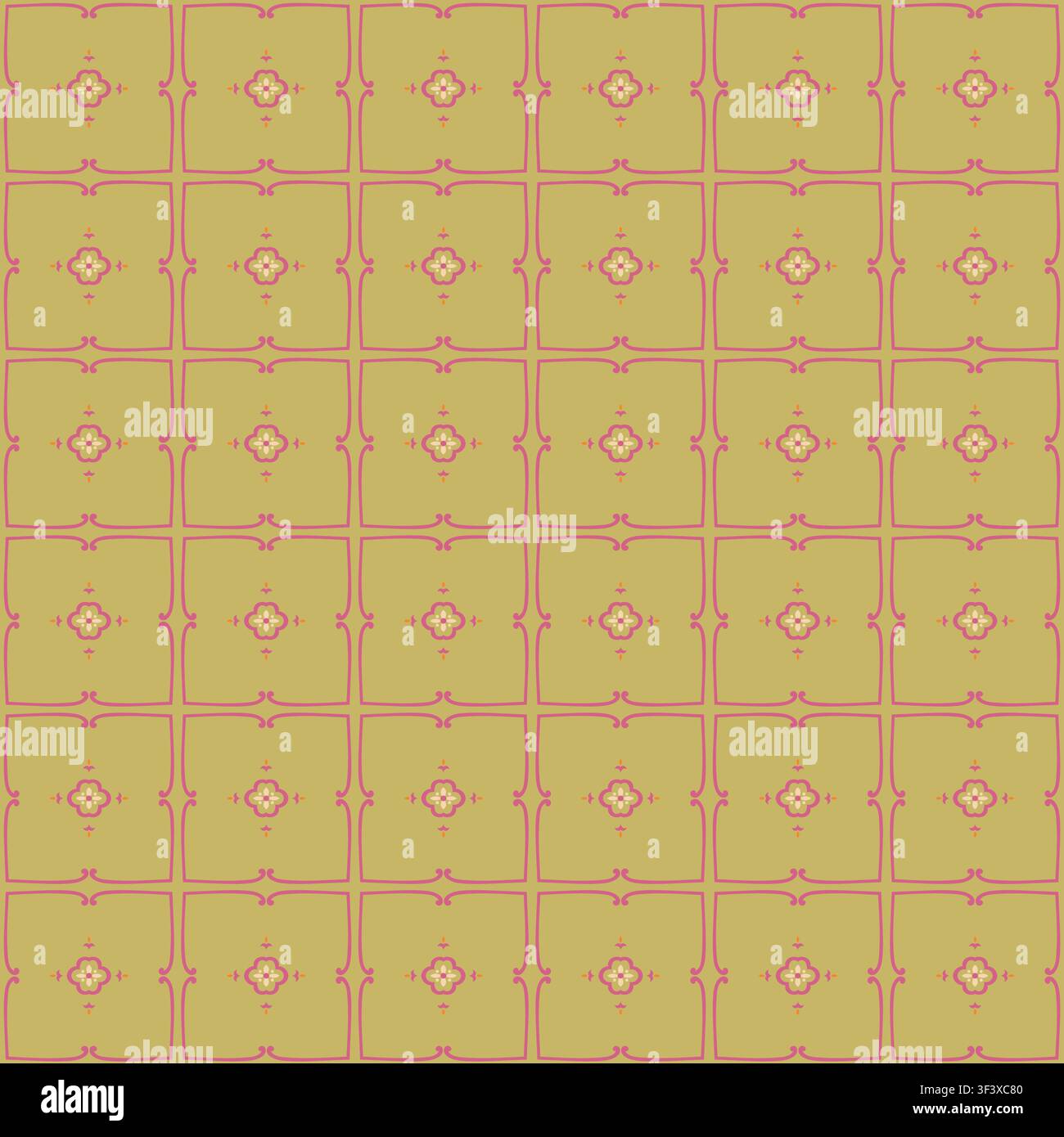 Olive Pink Geometric Floral Grid Stock Vector