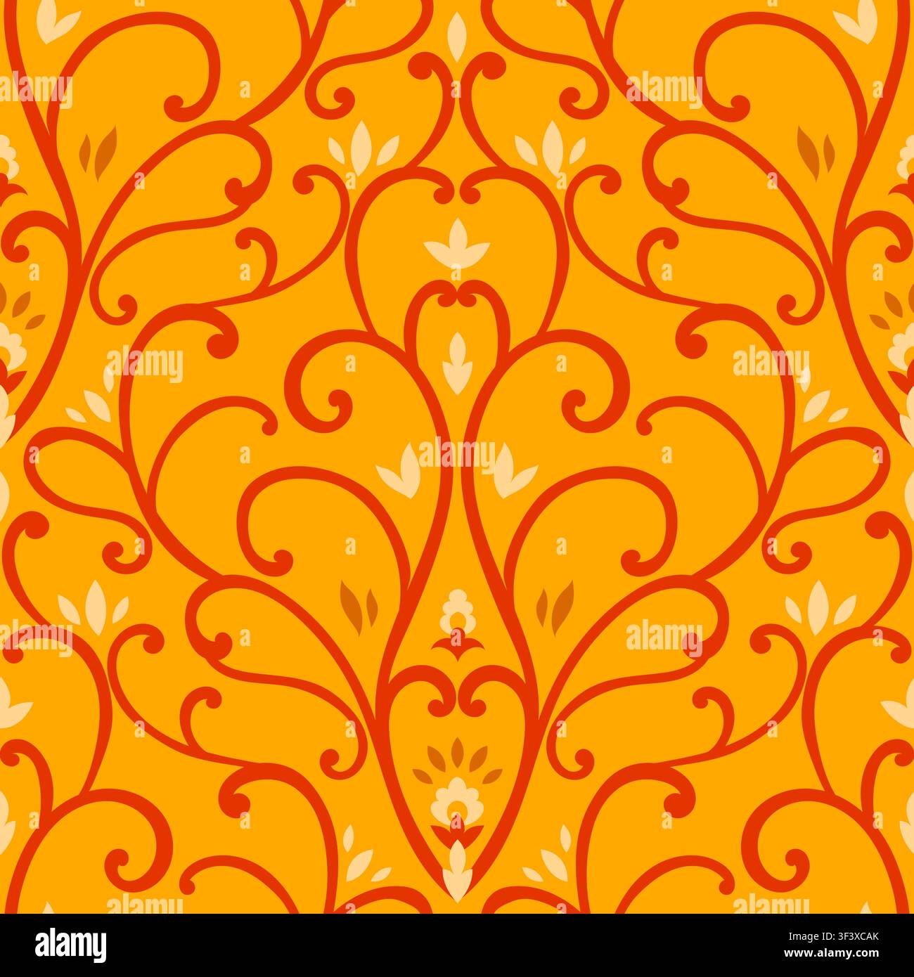 Bright Orange Red Swirl Damask Stock Vector
