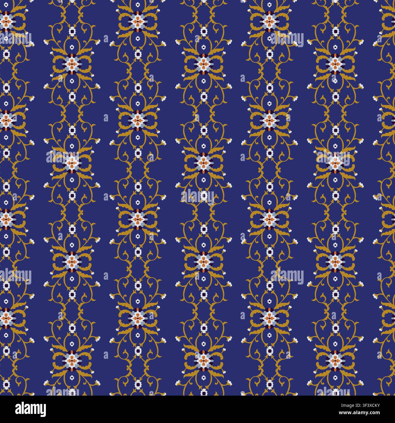 Navy Gold Vertical Vine Damask Stock Vector