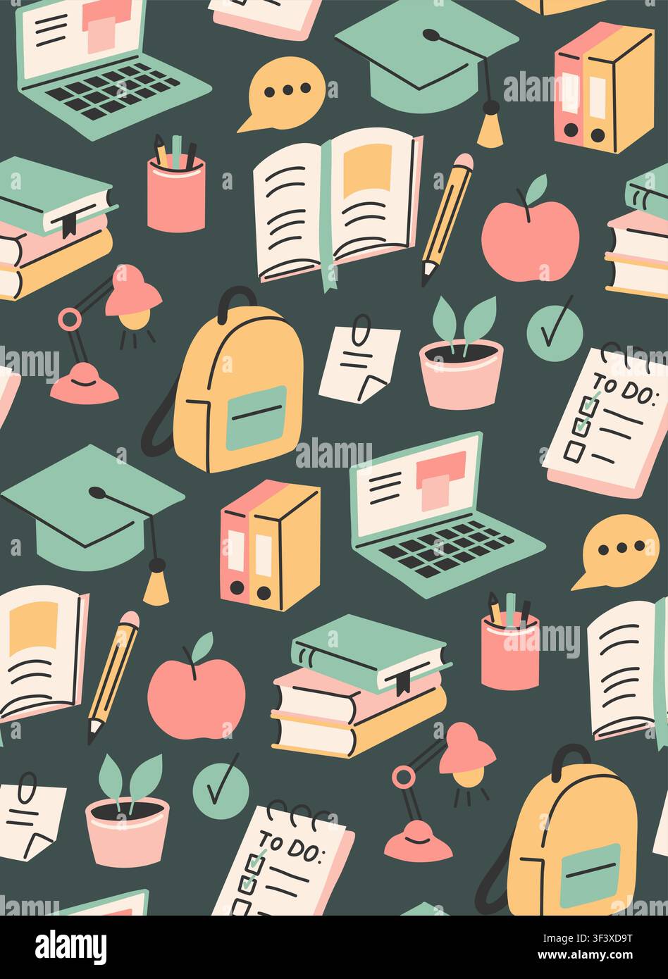 Back to school. Vector seamless pattern with school objects. Education and learning. Texture with backpack, books, lamp, laptop in flat style Stock Vector