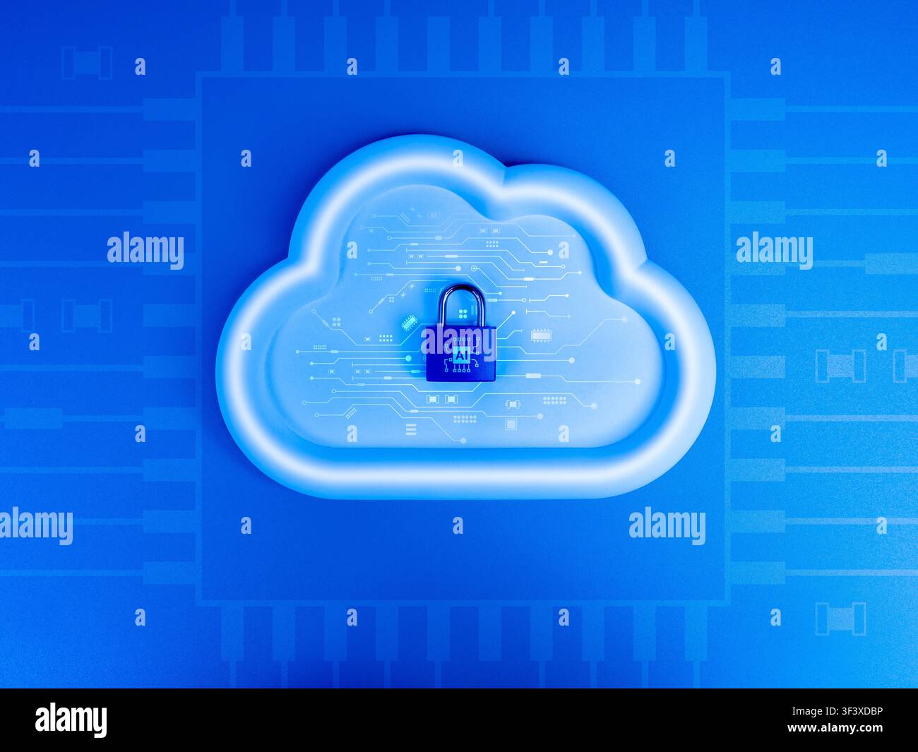 Advanced AI infrastructure and cloud security concept. Technology protection, encrypted data systems, secure cloud computing, cybersecurity network, d Stock Photo