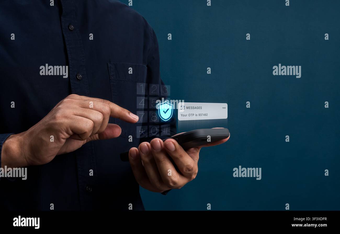 User entering OTP verification code on smartphone with shield icon. Two-factor authentication, identity verification, cybersecurity, data protection, Stock Photo